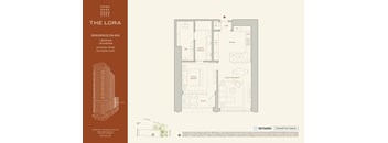 A floor plan for a residence at The Lora showing a living room, dining room, kitchen, and two bathrooms.