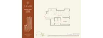A floor plan for a residence at The Lora showing a living room, dining room, kitchen, and bathroom.