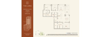A floor plan for a residence at The Lora shows 2 bedrooms, 2 bathrooms, and a study.