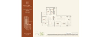A floor plan for a residence at The Lora shows 2 bedrooms, 2 bathrooms, and a living area.