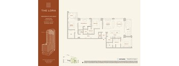 A floor plan for a residence at The Lora, showing 3 bedrooms, 3 bathrooms, a living room, dining room, kitchen, and a garage.