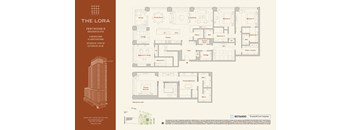 A floor plan for The Lora apartments, showing the layout of rooms and amenities.