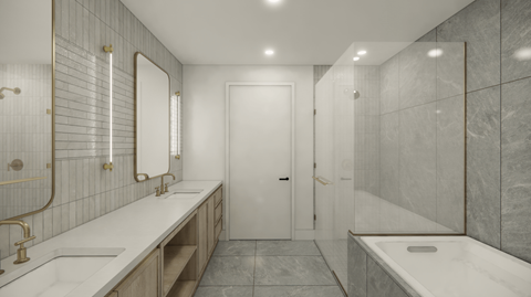 A bathroom with a white door and a white sink.