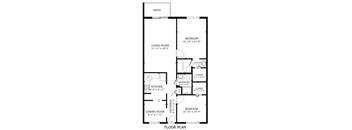 A floor plan of a house with a living room, kitchen, dining room, and two bedrooms.
