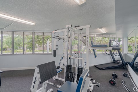 A well-equipped gym with a variety of exercise machines and weights.