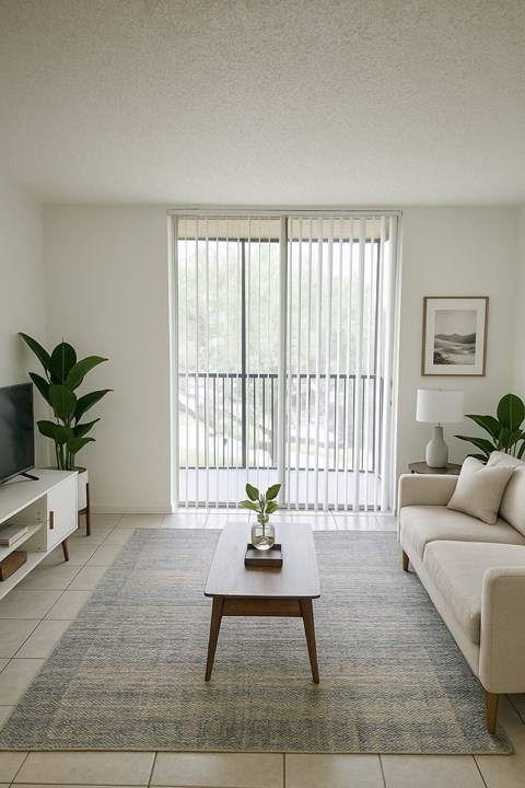 A living room with a couch, a coffee table, and a television.