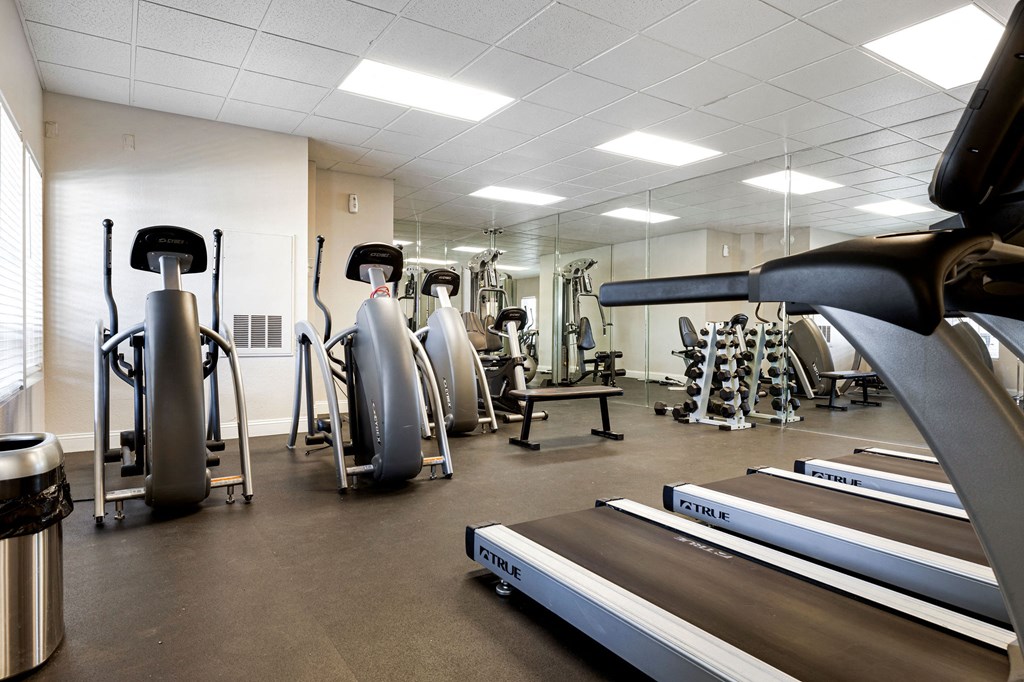 a gym with treadmills and other exercise equipment