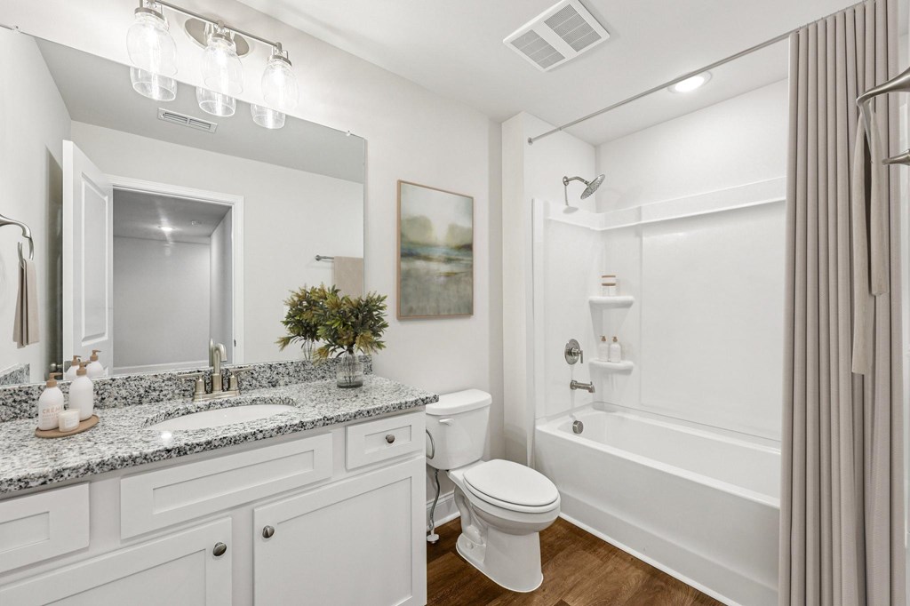 Bathroom including single vanity with a tub and shower combo..