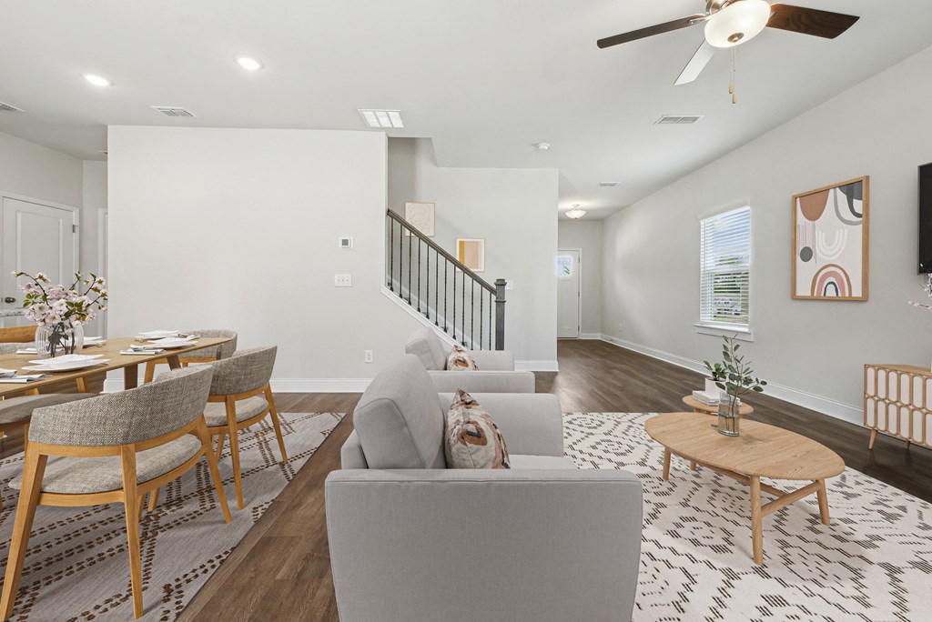 Overlook of the living room and staircase.