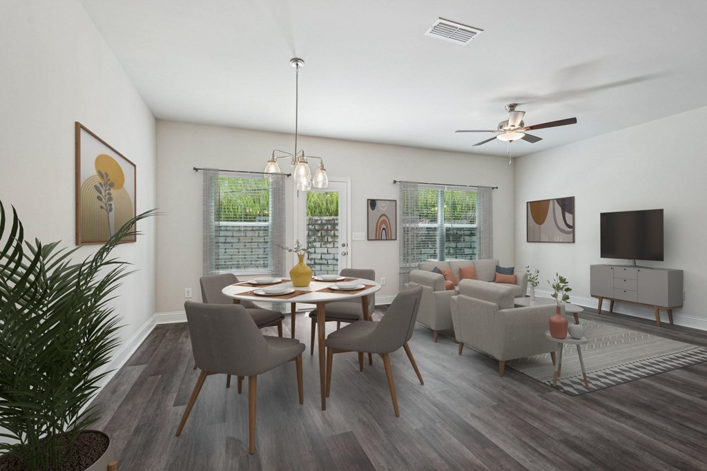 The intimate dining space and living room.