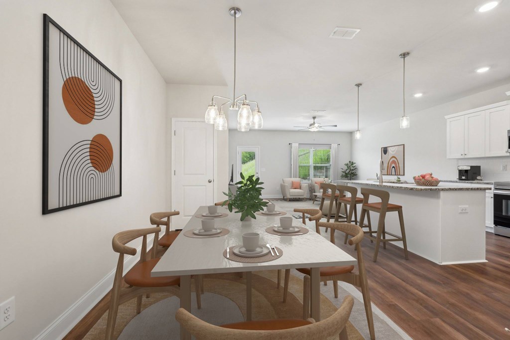 The intimate dining space elegantly set for six