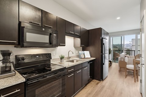 A kitchen with black cabinets and appliances.