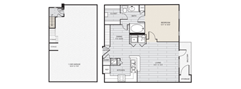 a floor plan of a 1 story apartment with a bedroom and a living room