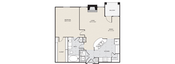 a floor plan of a 1 story apartment with a bedroom and a living room