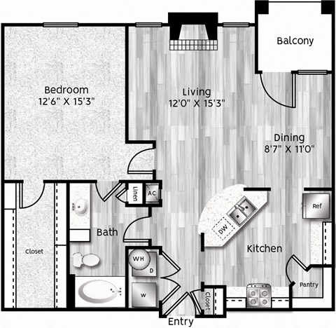 One Bedroom, One Bathroom Apartment with Kitchen Island