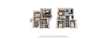 A 3D floor plan of a two-bedroom apartment with a living room, kitchen, and bathroom.