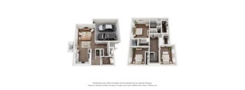 A 3D floor plan of a two-bedroom apartment with a living room, kitchen, and bathroom.