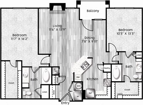 Two Bedroom, Two Bathroom Apartment with Balcony