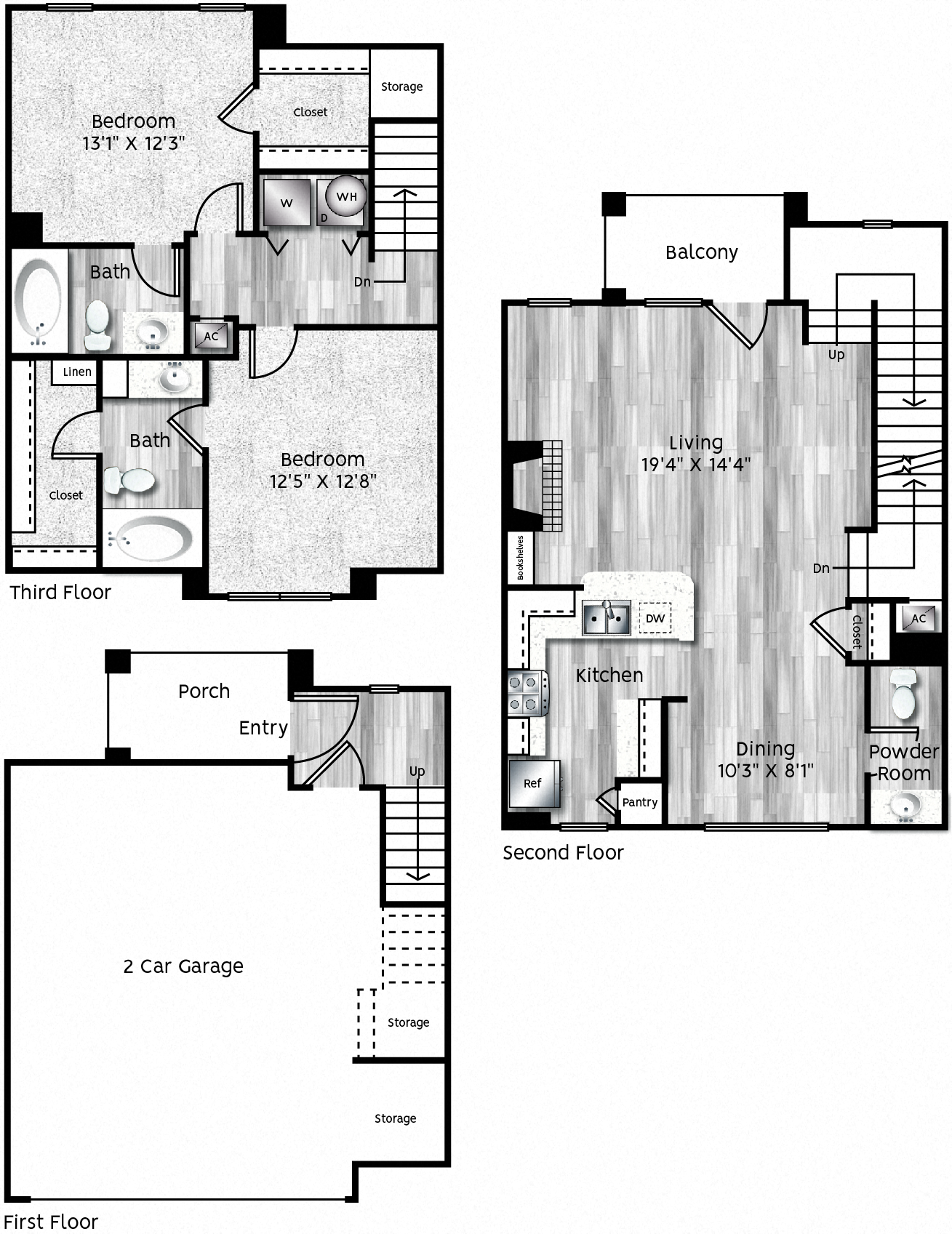 Two Bedroom, Two and a Half Bathroom Apartment with a Two Car Garage.