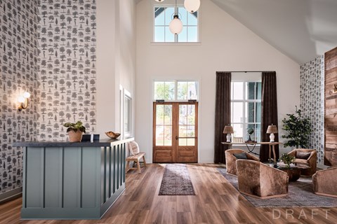 a living room with a blue bar in the middle of it