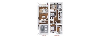 a 3d rendering of the interior of a house with a car in the garage