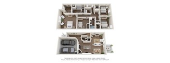 a stylized 3d floor plan of a house with a bedroom and living room