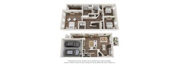 a stylized 3d floor plan of a bedroom and a living room
