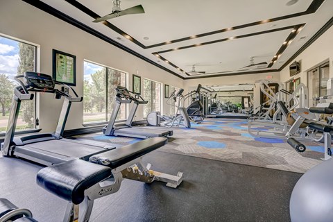 a fitness center with treadmills and other exercise equipment