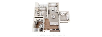 A 3D floor plan of a house with a kitchen, living room, and bedrooms.