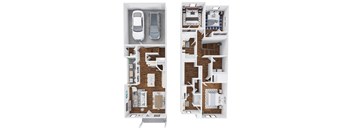two different views of a floor plan with a car in a garage