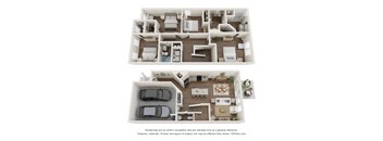 A 3D floor plan of a house with two bedrooms, a living room, a kitchen, a dining room, and a garage.