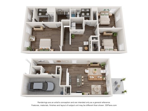 a stylized floor plan with a bedroom and a living room