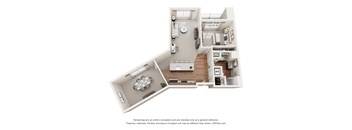 A 3D floor plan of a house with a kitchen, living room, and dining area.