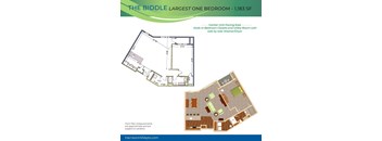 A floor plan for the largest one bedroom apartment at The Biddle, measuring 1,183 square feet.