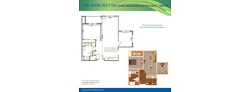 A floor plan for a one bedroom apartment with den at 899 SF.