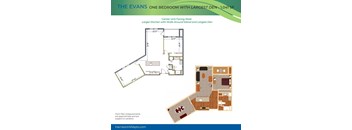 A floor plan for a one bedroom apartment with the largest den at The Evans.