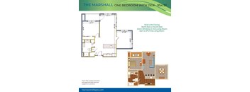 A floor plan for a one bedroom apartment with den is shown.