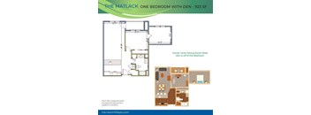 A floor plan for a one bedroom apartment with a den is shown.