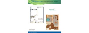 A floor plan for a one bedroom apartment at The Prescott.