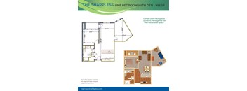 A floor plan for a one bedroom apartment with a den is shown.