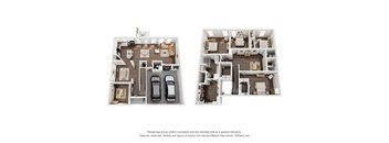 Two images of a house layout with a kitchen, living room, and bedrooms.