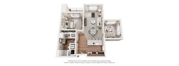 A 3D floor plan of a house with a kitchen, living room, and bathroom.