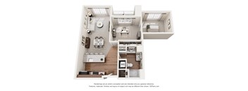 A 3D floor plan of a house with a kitchen, living room, and bathroom.