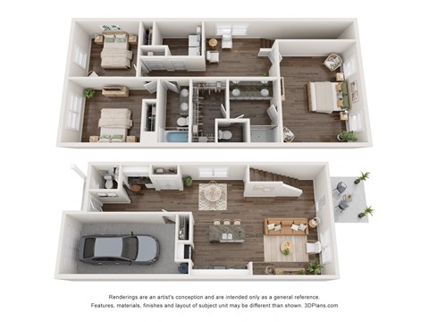 a stylized 3d floor plan of a 1 bedroom apartment