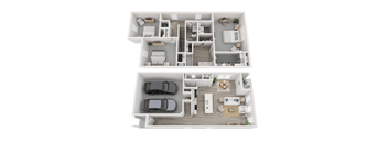 A top-down view of a two-story house with a living room, kitchen, and bedrooms.