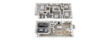 A top and bottom floor plan of a house with a garage and a living room.