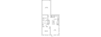 A floor plan of a house with a garage, kitchen, living room, and bathroom.