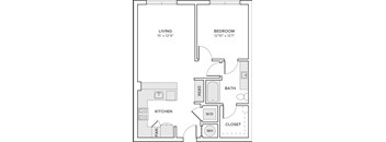 A floor plan of a small apartment with a living room, kitchen, bathroom, and bedroom.
