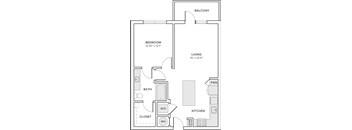 A floor plan of a small apartment with a bedroom, living room, kitchen, and bathroom.