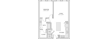 A floor plan of a small apartment with a bedroom, bathroom, kitchen, and living room.